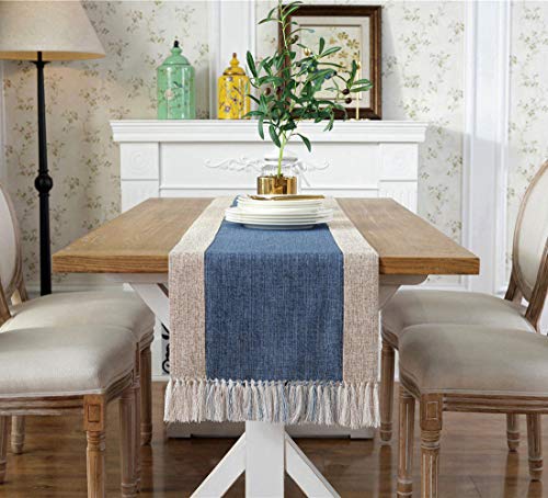 Homeyho Navy Linen Blend Rustic Dining Table Runner With Fringe Long Table Runner For Rectangle Heat Resistant Long Table Runner For Kitchen Table Rustic Style, 15 X 86.5 Inch, Blue #TOP1