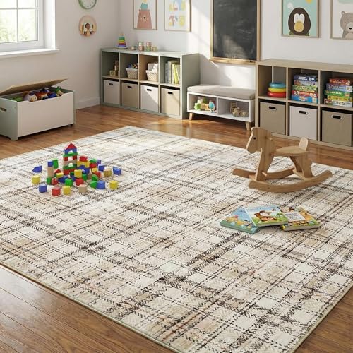 Garvee Tapete Tartan 8x10 Beige Lavable Antideslizante miniatura 3