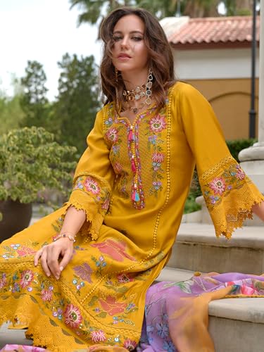 Image of INDO ERA Women's Pure Silk Kurta and Pant with Dupatta Set
