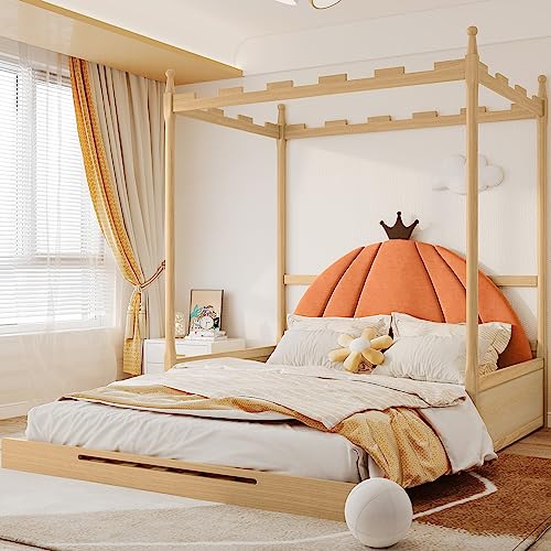 Moimhear Cama extensible de madera, cama deslizante, cama infantil, techo cuadrado cerrado, cama doble, cojín de terciopelo en forma de calabaza, marco de madera de pino, natural y naranja (140 x 100