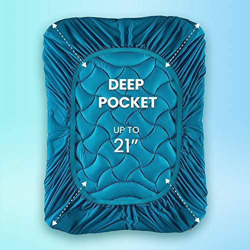 SLEEP ZONE Cooling Queen Mattress Pad, Premium Zoned Quilted Fitted Mattress Topper, Elastic Mattress Protector Cover, Machine Wash Durable, Deep Pocket 8-21 inch, Teal, Queen