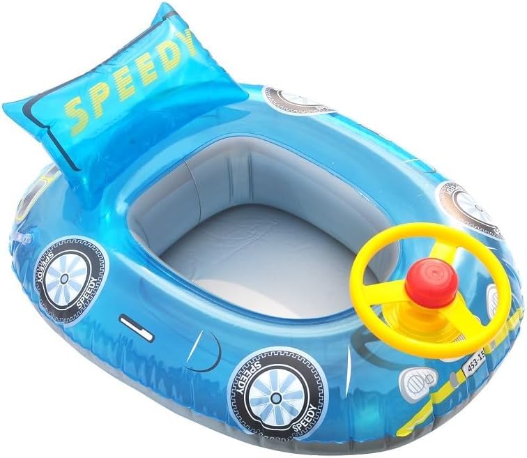 AREMAR Barca Infantil Hinchable con Volante 68x50 cm para Piscina, Diseño de Coche Azul, Flotador Infantil de Agua, Incluye Parches de Reparación