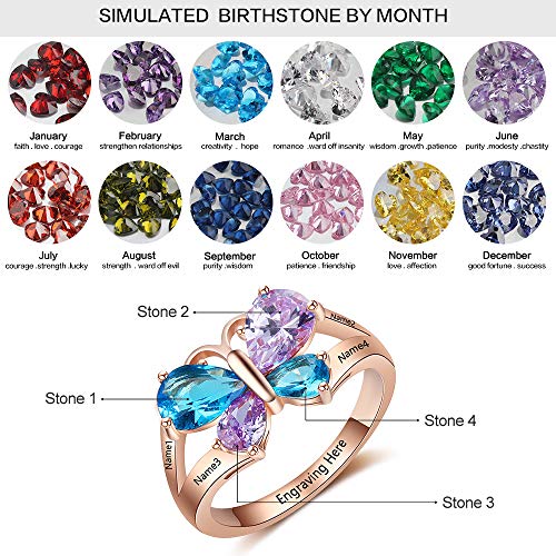 Personalized Mothers Rings with 4 Simulated Birthstones Rings for Mothers Promise Butterfly Ring for Women (Rose gold, 7)3