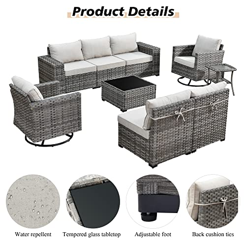 Hooowooo Outdoor Patio Furniture Set 10 Pieces Wicker Outdoor Sectional Furniture Set Sectional Patio Conversation Set Modular Outdoor Sofa Set With Gas Fire Pit Table,Swivel Rocking Chairs,Beige #TOP1