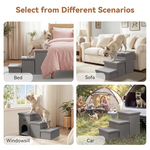 Zerbuger Dog Stairs 18" H, 3-Step Wider Dog Steps for High Beds Couch, Folding Storage Pet Stairs Gift for Small/Medium/Large Old Dogs Cats, Ramp for Climbing Car Up to 200 lbs, (Gray, with Condo) by Zerbuger - Image 2