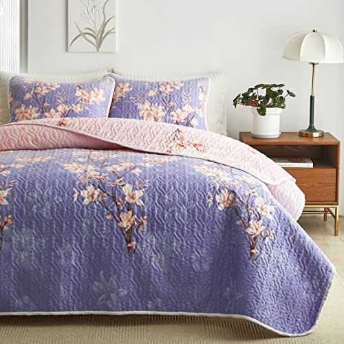 Flowers Quilt Set Purple Floral Bedspread Coverlet Pink Red Flowers And Reversible Design Pastoral Style-Reversible Quilt Coverlet Bedding Sets 3-Piece Full/Queen 1 Quilt 2 Pillowcase (92"X90",Purple #TOP18