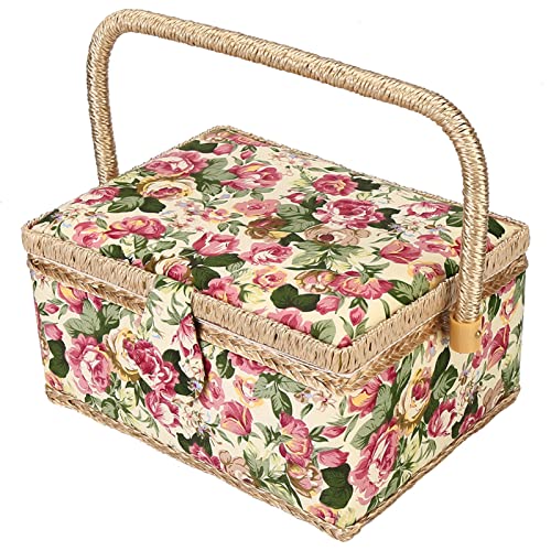 Pilipane Household Storage Box and Fabric Craft Storage, Craft Sewing Needle Thread Basket, Sewing Supplies Lunch Box for Multifunctional Sewing Tool (Pastoral Rose)