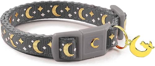 Vista 12 de waaag - Collar de seguridad para gato, con diseño de lunas y estrellas doradas, brilla en la oscuridad Lavanda