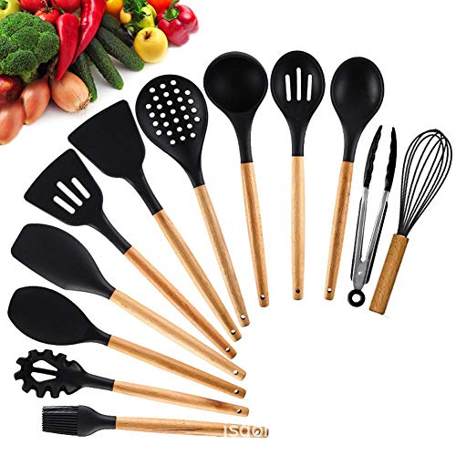 Kitchen Cooking Utensil Set, 12Pcs Silicone Kitchenware with Wooden Handle Non-Stick Turner Tongs Spatula Spoon Whisk