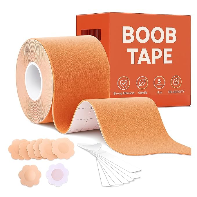 Boob Tape for Women, Breast Lift Adhesive with 10 Nipple Covers, Waterproof & Sweatproof Support for Strapless, Backless & Deep Neck Dresses, Skin Friendly Strong Hold, Beige 5M-image-49