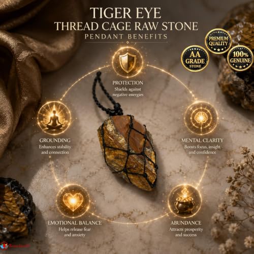 Image of REMEDYWALA Charged Energized Raw Stone Thread Cage Wrapped Pendant | Raw Stone Thread Cage Wrapped Pendant for Women and Men