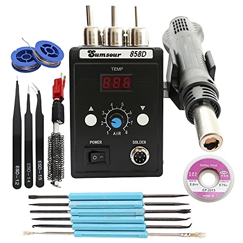 Sumsour 858D 700W Hot Air Heat Gun 110V BGA Rework Solder Desoldering Station For SMD SMT Welding Soldering Repair Tools (Black 858D SET-2)