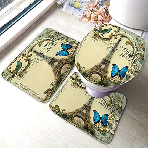 Badezimmerteppich-Set, 3-teilig, Blauer Schmetterling, moderner Pariser Eiffelturm, waschbare Badteppiche, rutschfest, mit Rückenpolster, Konturteppich und Toilettendeckelbezug