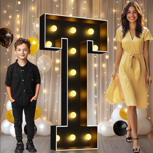 Image of Pooqla 4FT Marquee Light Up Letters, Black Large Letter T Party Decorations | LED Marquee Letters 4 Feet Tall, Black Giant Mosaic Letters Gift for Boys Men Birthday Anniversary Wedding Decoration
