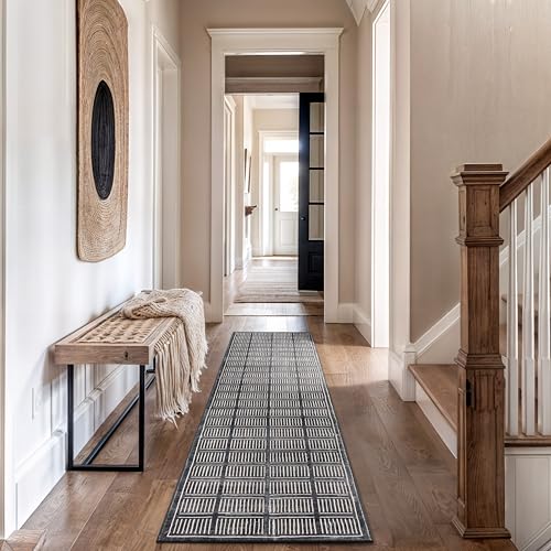 Rugshop Bohemian Stripe Lines Washable Non Slip Runner Rug 2' x 10' Black