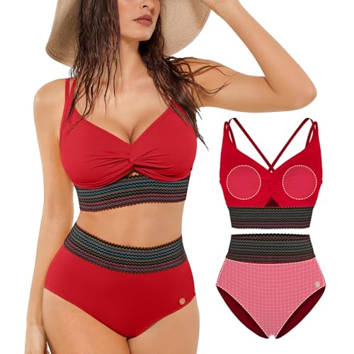 Popilush Women Bikini Set Twist Front Cutout High Waisted Tummy Control Two Piece Swimsuit Cross Back Removable Pads Color Red Size XL