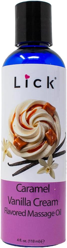 Lick Caramel Vanilla Cream Flavored Massage Oil – Tropical Edible Massage Oil with Sweet Almond Oil & Vitamin E, Hydrating Body-Safe Formula for Relaxing Couples Massage, 4 oz
