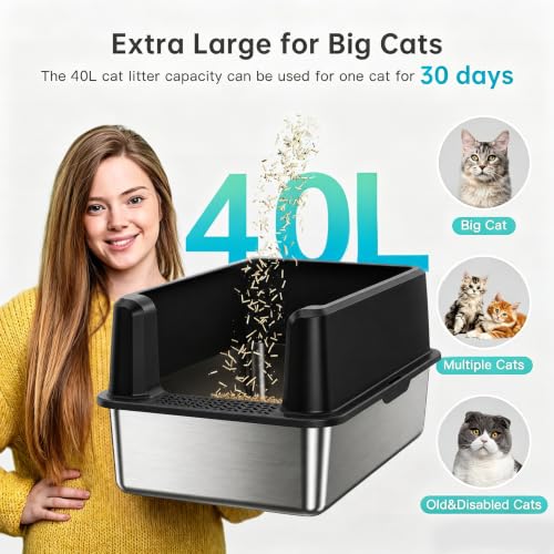 Image of WoofiGo Stainless Steel Cat Litter Box with Lid, XL Extra Large Metal Kitty Litter Box Enclosed for Big Cats, High Sided, Anti-Urine Leakage, Non-Stick Bottom, Include Litter Mat & Metal Scoop (Black)