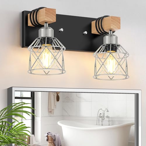 Image of FadimiKoo Farmhouse Bathroom Light Fixtures, Rustic 2-Light Wood Vanity Lights for Bathroom, Industrial Black Silver Wall Lighting with Metal Shade for Bedroom, Living Room, Hallway