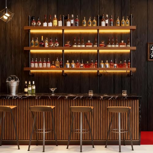 Image of 86.6in Large Wine Rack with LED Light Solid Wood Wall Mounted Wine Rack, 3-Tiers Liquor Bottles Floating Shelves Display Storage Organizer for Home Bar & Dining Room (220cm /86.6in)