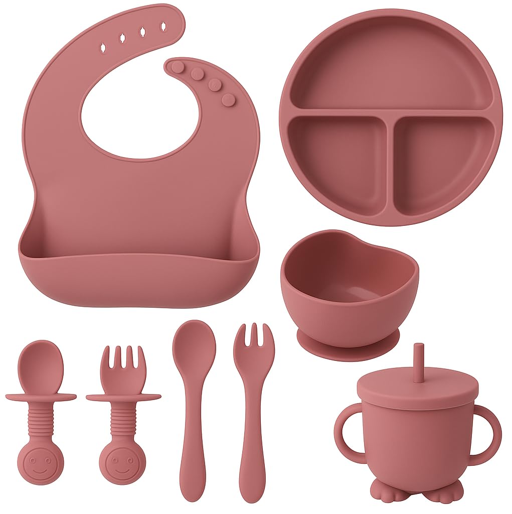 LERUBGA 8 Pcs Silicone Suction Plates Solid for Baby & Toddler Silicone Baby Feeding Set Food Plate for Baby Suction Bowl,Cup,Fork and Spoon Cutlery Set Baby Food Container Deep Divided for Kids