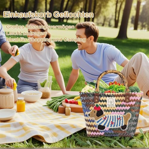 Einkaufskorb Geflochten aus Kunststoff, Korbtasche Handtasche, Strandtasche Stroh Groß, Geflochten Handtasche Damen für Picknick, Shopping, Urlaub (Dackel)