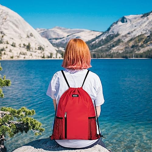 Image of WANDF Drawstring Backpack Sports Gym Sackpack with Mesh Pockets Water Resistant String Bag for Women Men (Red)