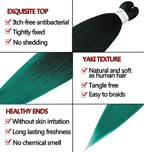 Pre-Stretched Braiding Hair Extensions Ombre Black To Green - 26 Inch 8 Packs Synthetic Crochet Braids, Hot Water Setting Professional Soft Yaki Texture (26Inch,#1B/Green) #TOP2