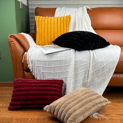18x18 Throw Pillow Covers Set of 2, Decorative Faux Fur Covers for Bed, Couch Soft Fluffy Pillow Cover with Velvet Back for Living Room, Neutral Home Décor Accent for Sofa - Yolk Yellow