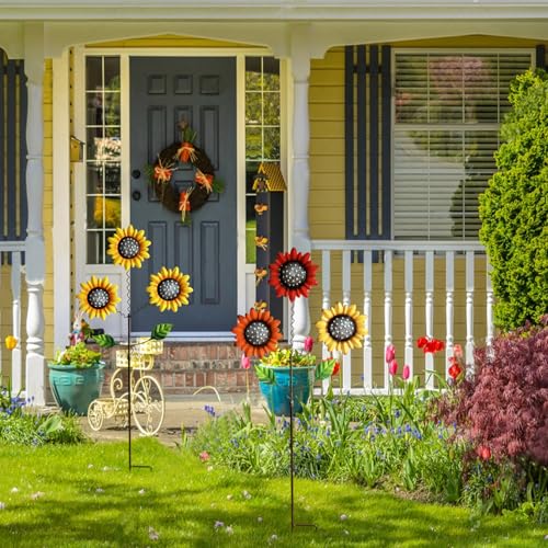 Image of Metal Flowers for Outside, 2 Pack Sunflower Garden Stakes | 29.5-Inch Metal Decorative Garden Stakes with Shaking Head Yard Art Decorations for Outdoor Garden Porch &Lawn Ornaments