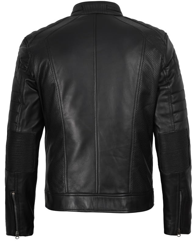 Image of Decrum Cafe Racer Leather Jacket for Men - Real Lambskin Motorcycle Style Mens Jacket with Zipper Closure