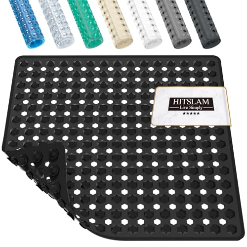Image of HITSLAM Shower Mat Anti Slip, Square Bath Mat for Tub Non Slip with Suction Cups and Drain Holes, 21x21 Inch Bathroom Shower Stall Floor Mat, Machine Washable, Soft on Feet, Black