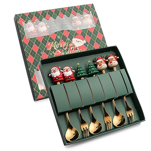 Beleda 6 Pcs Christmas Decoration Spoon Forks Christmas Tree Tea Spoon for Home, Xmas Coffee Spoon Dinner Forks Dessert Spoon Stirring Spoon Ice Cream Spoon Creative Tableware Gift (Green Package, C)