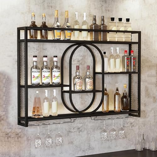 Casier à vin mural avec LED et porte-verre suspendu en métal noir 140x15x80cm