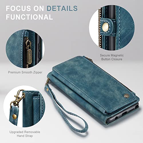 Moto G Stylus 5G Wallet Case, Pu Leather Magnetic Flip, Zipper Card Holder, Wristlet Strap, Blue-Green #TOP4