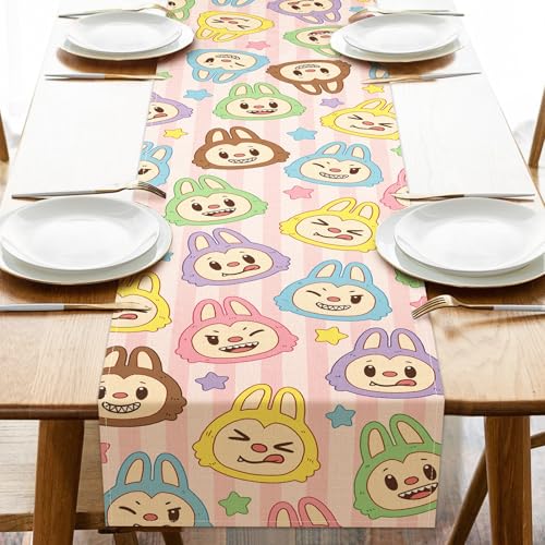 YMCAFZ Cute Dining Table Runner Macaron Monster Stars Burlap Kitchen Decor Holiday Birthday Gifts Home Decoration Indoor Outdoor Party Supply 13 x 72 Inches