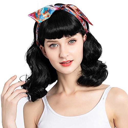Bybrana Hair 50s wig Rockabilly Vintage Wig Wavy Black Wig With Bangs bettie page wig for Woman for Cosplay & Daily Use（14‘’）