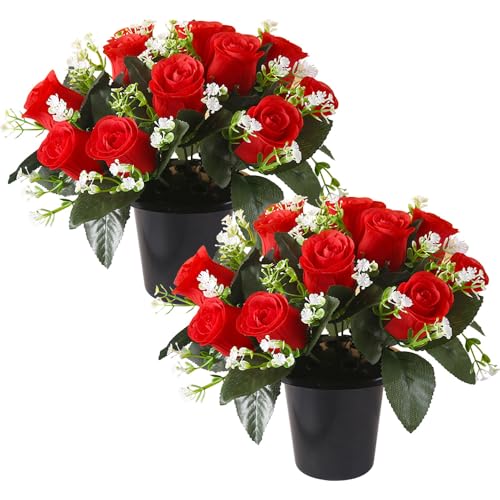 Lotvic Lot de 2 pots de fleurs artificielles pour tombe, 25 cm, 12 roses à tête de roses funéraires, fleurs artificielles pour cimetière, commémoration,...