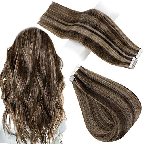 R Human Hair Tape in Extensions 12 Inches Highlighted Brown Hair Extensions 80g Tape in Hair Extensions Human Hair