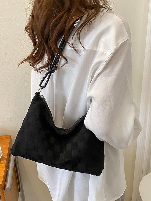 Image of HAKUNA Women's Checkered Hobo Bag Lightweight Hobo Handbag Shoulder Bag Casual Daily Bag Hobo Purse Black