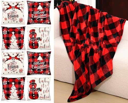Manta de sofá de franela roja con fundas de almohada de Navidad para hogar 2