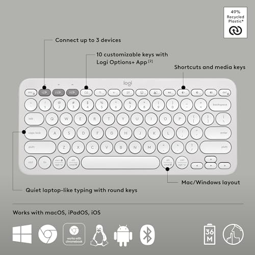 Image of Logitech Pebble Keys 2 K380s, Multi-Device Bluetooth Wireless Keyboard with Customizable Shortcuts, Slim and Portable, Easy-Switch for Windows, macOS, iPadOS, Android, Chrome OS - Tonal White