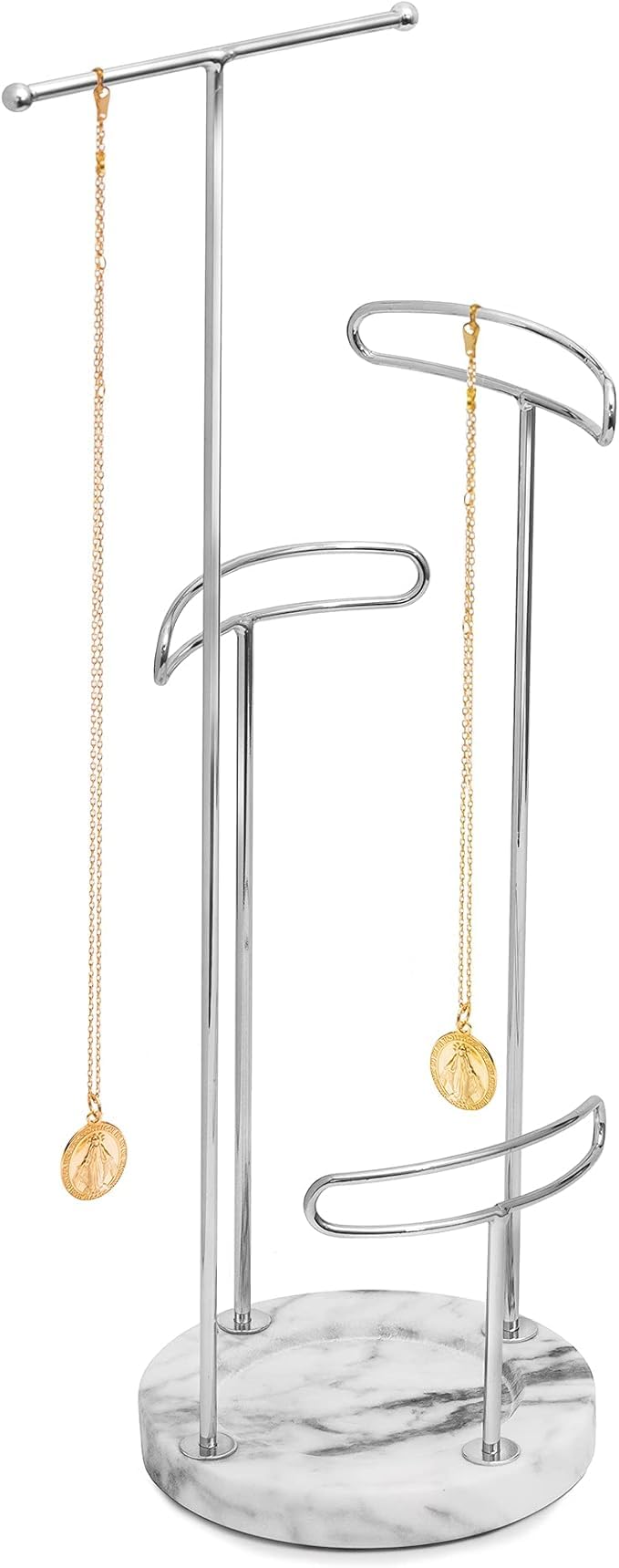 Sasha Morel Women's Silver 4 Tier Jewellery Stand | Hanging Tree Jewellery Organiser | Necklace Stand With Marble Tray | Ring Holder Organiser Storage For Bracelet, Earring, Watch - (Silver)