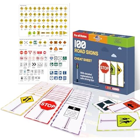 100 Road Sign Flash Cards with Cheat Sheet Color-Coded Detailed Explanation Safe Driving Tips Relevant Road Signs USA Cover