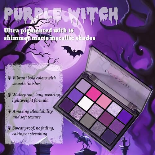 Image of UCANBE Halloween Makeup Kit - 15-Color Purple Eyeshadow Palette, White Liquid Foundation, Purple Liquid Lipstick, Black Eyeliner, Setting Powder & Sponges Makeup Set for Cosplay Witch Devil Sorceress