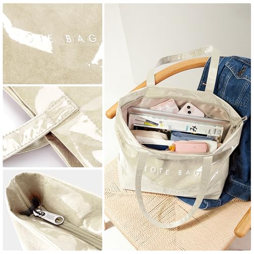 Image of KALIDI PVC Zipper Tote Bag, Jelly Kraft Paper Beach Bag Large Hobo Carry All Travel Shopping Handbag Plastic Shoulder Bag