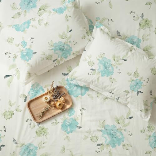 Image of Urban Space Serene 100% Cotton Bedsheet for Double Bed, Floral Queen Size Bed Sheet with 2 Pillow Covers (88 x 100 Inches, Sapphire Soft Aqua)