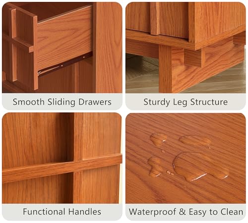 Image of Nightstand Set of 2, Bedside Table for Bedroom, End Table | Mid Century Modern, Charging Station, 2 Drawers Storage, Skeleton Line Design, Wood Grain, Minimalist, Cherry