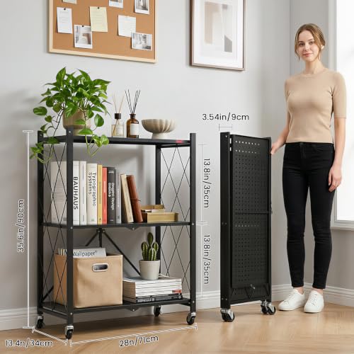 Image of DEANIC 3 Tier Foldable Storage Shelves with Wheels, Kitchen Appliance Stand, Freestanding Metal Wire Shelf Rack, No Assembly Organizer Rolling Cart for Garage, Basement, Pantry (Black)