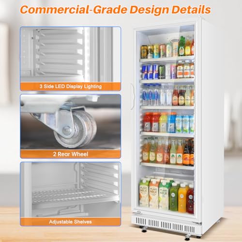 Image of Commercial Beverage Refrigerator, 24.5 inch Glass Door Display Fridge, 15 Cu.Ft Beverage Cooler with 5 Adjustable Shelves, Auto Rebound Door, Low Noise, for Shops, Restaurants & Bars WHITE